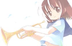 Rule 34 | 1girl, blush, brown eyes, brown hair, closed mouth, commentary request, emurin, holding, holding instrument, instrument, looking at viewer, navel, original, shirt, short hair, short sleeves, smile, solo, trumpet, upper body, white background, white shirt