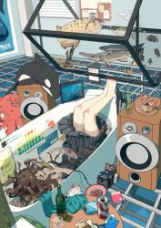 Rule 34 | 1girl, air bubble, barefoot, bathtub, bottle, breath, brown hair, can, carp, dress, fish, fishbowl, highres, hitogome, hitomai, holding breath, koi, octopus, orca, original, partially submerged, solo, speaker, water