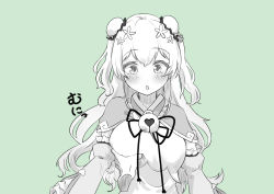 Rule 34 | 1girl, 1other, :o, bell, blush, grabbing another&#039;s breast, breasts, bun cover, capelet, chinese clothes, detached sleeves, disembodied hand, double bun, dress, embarrassed, flower, frilled skirt, frills, grabbing, green background, greyscale, greyscale with colored background, groping, hair between eyes, hair bun, hair flower, hair ornament, hair ribbon, highres, hololive, jingle bell, large breasts, mochiyuki (gigfor1), momosuzu nene, monochrome, open mouth, pov, pov hands, ribbon, simple background, skirt, solo focus, sound effects, upper body, virtual youtuber