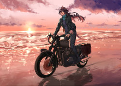 Rule 34 | 1girl, :d, absurdres, alternate costume, arknights, beach, blue eyes, blue shirt, brown hair, casual, cloud, floating hair, highres, meteor (arknights), motor vehicle, motorcycle, open mouth, outdoors, pants, riding, shijie jianfa, shirt, smile, solo, sunset