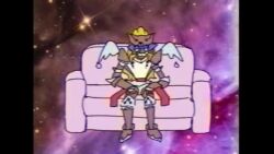 Rule 34 | animated, armor, audible music, couch, digimon, digimon (creature), duftmon, meme, on couch, sitting, solo, sound, space, spinning, vhs artifacts, video, wings