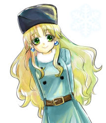 Rule 34 | 1girl, blonde hair, blue coat, breasts, buttons, capcom, closed mouth, coat, commentary request, earrings, eyelashes, fu-maru, fur collar, fur hat, fur trim, green eyes, hat, jewelry, kalinka cossack (mega man), long hair, looking at viewer, mega man (series), mega man (classic), rockman xover, smile, solo