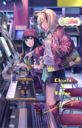 Rule 34 | 2girls, arcade, arcade cabinet, bag, beanie, black hair, blonde hair, bob cut, can, chair, character name, collared shirt, commentary, drink, drink can, grey sweater, grin, hair ribbon, hand in jacket, hat, highres, holding, holding can, holding drink, indoors, inoue takina, jacket, kneehighs, long hair, long sleeves, looking at another, lycoris recoil, multiple girls, neko (yanshoujie), nishikigi chisato, open clothes, open jacket, open mouth, pink beanie, pink jacket, purple eyes, red beanie, red eyes, red ribbon, red socks, ribbon, shirt, short hair, shoulder bag, signature, sitting, skirt, skirt pocket, smile, socks, standing, sweater