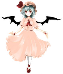 Rule 34 | 1girl, ascot, bad id, bad pixiv id, bat wings, blush, brooch, female focus, full body, gem, hat, jewelry, looking at viewer, mary janes, mob cap, red eyes, remilia scarlet, shoes, simple background, solo, standing, touhou, umi (umi02), vampire, white background, wings
