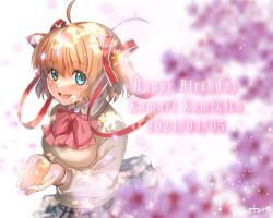 Rule 34 | 1girl, 2024, :d, ahoge, aqua eyes, blonde hair, blurry, blush, bow, breasts, character name, cherry blossoms, commentary request, cowboy shot, dappled sunlight, dated, depth of field, falling petals, flower, grey skirt, hair ornament, hair ribbon, hands up, happy, happy birthday, kamikita komari, light particles, little busters!, little busters! school uniform, long ribbon, long sleeves, looking at viewer, medium breasts, open mouth, own hands together, petals, pink bow, pink flower, plaid, plaid skirt, pleated skirt, red ribbon, remotaro, ribbon, school uniform, short hair, signature, simple background, skirt, smile, solo, star (symbol), star hair ornament, sunlight, sweater, teeth, white background, yellow sweater