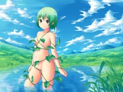 Rule 34 | 1girl, alcohol (coldfront), bad id, bad pixiv id, blue eyes, blush, censored, cloud, coldfront, convenient censoring, day, flat chest, green hair, groin, leaf, leaf censor, looking at viewer, nature, navel, nude, nudist, original, outdoors, plant, reflection, short hair, sky, smile, solo, vines, wading, water