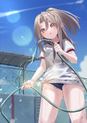 Rule 34 | blue one-piece swimsuit, blue sky, blurry, brown eyes, chain-link fence, cloud, cowboy shot, day, depth of field, empty pool, fence, from below, grey hair, gym shirt, high ponytail, highres, hose, kantai collection, ladder, lens flare, long hair, natsuki (gedo), one-piece swimsuit, outdoors, pool, pool ladder, school swimsuit, shirt, sky, solo, standing, swimsuit, swimsuit under clothes, t-shirt, tied shirt, water, white shirt, zuihou (kancolle)