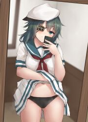 Rule 34 | 1girl, absurdres, black panties, blush, cellphone, closed mouth, cowboy shot, eyepatch, gluteal fold, green eyes, green hair, green sailor collar, hat, highres, holding, holding phone, k jie, kantai collection, kiso (kancolle), neckerchief, panties, peaked cap, phone, pleated skirt, red neckerchief, sailor collar, short hair, short sleeves, skirt, smartphone, solo, underwear, white hat, white skirt