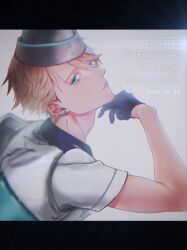 Rule 34 | 1boy, 2020, aru iru, b-project, black background, black gloves, blonde hair, blue eyes, character name, dated, earrings, gloves, grey background, happy birthday, hat, highres, jewelry, looking at viewer, male focus, masunaga kazuna, multicolored background, shirt, short hair, short sleeves, solo, white shirt