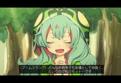 Rule 34 | 10s, 1girl, :d, blush, boomslang (kemono friends), colored eyelashes, dialogue box, eyelashes, closed eyes, facing viewer, fingernails, forest, green hair, hood, hoodie, kemono friends, letterboxed, long hair, long sleeves, multicolored hair, nature, niigo, open mouth, outdoors, own hands together, pink hair, smile, solo, talking, translation request, tree, wavy hair, |d