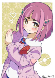 1girl blush border bright_pupils brown_eyes cardigan closed_mouth collared_shirt commentary_request creatures_(company) game_freak gloves heart highres lacey_(pokemon) looking_at_viewer medium_hair nintendo outside_border partially_fingerless_gloves pokemon pokemon_sv purple_cardigan purple_hair red_gloves shirt single_glove smile so_what216 solo white_border white_pupils white_shirt x_arms yellow_background