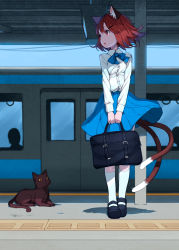 Rule 34 | 1girl, :o, alternate costume, animal ears, bag, brown hair, cat, cat ears, cat tail, chen, contemporary, day, dress shirt, female focus, full body, hair ornament, hairclip, highres, holding, holding bag, junwool, kneehighs, mary janes, multiple tails, nekomata, outdoors, red eyes, shirt, shoes, short hair, sketch, skirt, socks, solo, standing, tactile paving, tail, touhou, train, train station, v arms, white socks