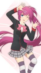 Rule 34 | 1girl, ;d, absurdres, black jacket, black thighhighs, blue eyes, bow, bowtie, commentary, english commentary, grey skirt, hair bobbles, hair ornament, highres, jacket, little busters!, long hair, long sleeves, looking at viewer, one eye closed, open mouth, pink background, pink bow, pink bowtie, pink hair, plaid, plaid skirt, saigusa haruka, skirt, smile, solo, striped clothes, striped thighhighs, teeth, thighhighs, upper teeth only, very long hair, white thighhighs, yumeki enmi