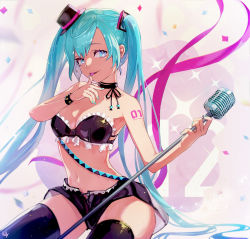 Rule 34 | 1girl, :p, absurdly long hair, anniversary, aqua eyes, aqua hair, artist name, artist request, bare shoulders, black bra, black hat, black shorts, black thighhighs, blue eyes, blue hair, blue nails, bra, breasts, cleavage, female focus, hat, hatsune miku, highres, holding, holding microphone, killy.y, long hair, looking at viewer, medium breasts, micro shorts, microphone, microphone stand, mini hat, nail polish, nails, parted lips, shorts, sitting, smile, solo, stomach, striped bra, striped clothes, tattoo, thighhighs, tongue, tongue out, twintails, underwear, very long hair, vocaloid