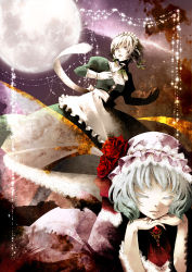 Rule 34 | 2girls, apron, bad id, bad pixiv id, bat wings, braid, dress, closed eyes, female focus, flower, frills, full moon, glitter, gloves, grey eyes, hat, izayoi sakuya, jewelry, lips, looking up, maid headdress, mochinue, moon, multiple girls, own hands clasped, own hands together, remilia scarlet, ribbon, rose, shadow, silver hair, touhou, twin braids, vampire, wings