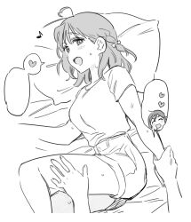 Rule 34 | 2girls, ahoge, braid, commentary request, drooling, eighth note, greyscale, hand on another&#039;s thigh, hand on another&#039;s wrist, heart, korean commentary, looking at viewer, love live!, love live! sunshine!!, lying, matsuura kanan, medium hair, monochrome, multiple girls, musical note, on bed, on side, open mouth, pillow, pito (sh02327), shirt, short sleeves, shorts, side braid, simple background, smile, spoken heart, sweat, takami chika, white background, yuri