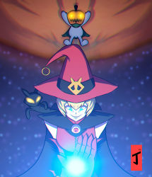 Rule 34 | 1boy, 1girl, absurdres, blue eyes, digimon, hat, highres, pumpkin, pumpmon, witch, witch hat, witchmon