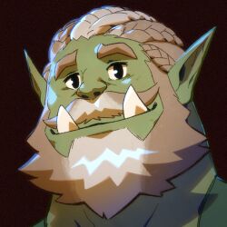 Rule 34 | 1boy, bara, beard, colored skin, dreadlocks, facial hair, full beard, green skin, grey hair, looking at viewer, male focus, mature male, monster boy, mustache, old, old man, orc, original, pointy ears, portrait, second-party source, short hair, smile, solo, taoren, thick beard, thick eyebrows, thick mustache, thick neck, tusks