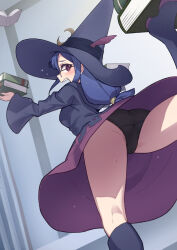 Rule 34 | 1girl, ass, black panties, blue hair, blush, book, dress, glasses, hat, hat feather, heebee, holding, holding book, little witch academia, long hair, looking at viewer, looking back, low-tied long hair, open mouth, panties, purple dress, purple hat, red eyes, solo, underwear, upskirt, ursula callistis, witch hat