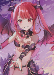 Rule 34 | 1girl, absurdres, ahoge, arm guards, armor, artist name, bare shoulders, battle girl high school, bikini armor, black nails, breasts, commentary request, cray, demon girl, demon wings, detached collar, grin, hair between eyes, hair ornament, hasumi urara, highres, looking at viewer, nail polish, red eyes, red hair, sidelocks, small breasts, smile, solo, swept bangs, twintails, wings