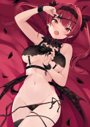 Rule 34 | 1girl, :o, arm up, armpits, bare shoulders, bed sheet, black bow, black bra, black hairband, black panties, black ribbon, black thighhighs, black wings, blush, bow, bra, breasts, breasts apart, buckle, chain, cross, cross earrings, cuffs, earrings, eyepatch, eyepatch lift, hairband, highres, hololive, houshou marine, jewelry, long hair, looking at viewer, low wings, lying, medium breasts, navel, on back, on bed, open mouth, panties, petals, red eyes, red hair, ribbon, rikotan, shackles, side-tie panties, single thighhigh, solo, stomach, thigh strap, thighhighs, twintails, underboob, underwear, underwear only, untied panties, virtual youtuber, wings, yellow eyes