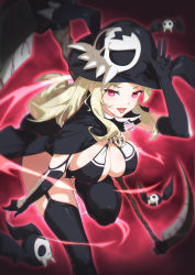 Rule 34 | 1girl, bat (animal), black gloves, black legwear, blonde hair, cleavage cutout, boots, breasts, cape, cleavage, elbow gloves, garter straps, gloves, gyaru, hat, heart, highres, knee up, large breasts, legs, long boots, long hair, looking at viewer, mole, mole under mouth, open mouth, peace symbol, red eyes, revealing clothes, scythe, senran kagura, shiki (senran kagura), sideboob, skull, smile, solo, standing, standing on one leg, thick thighs, thighs