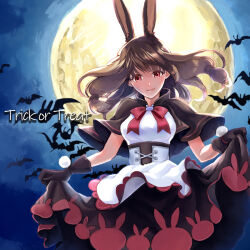Rule 34 | 1girl, animal print, bat (animal), bow, bowtie, breasts, brown capelet, brown gloves, brown hair, brown skirt, capelet, closed mouth, commentary request, curtsey, dress, feet out of frame, full moon, gloves, gobaku no hito, halloween, long hair, looking at viewer, medium breasts, moon, print skirt, rabbit print, ragnarok masters, ragnarok online, red bow, red bowtie, red eyes, skirt, smile, solo, trick or treat, white dress