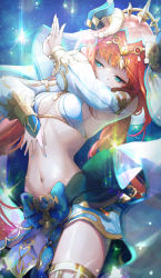 Rule 34 | 1girl, blue skirt, breasts, covered mouth, crop top, dancer, detached sleeves, forehead jewel, genshin impact, harem outfit, highres, horns, long sleeves, looking at viewer, navel, nilou (genshin impact), parted bangs, pelvic curtain, pistachiocream, puffy long sleeves, puffy sleeves, see-through, skirt, small breasts, solo, stomach, thighlet, thighs, vambraces, veil, vision (genshin impact)