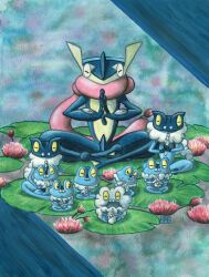 Rule 34 | animal focus, artist request, black eyes, closed eyes, colored sclera, creatures (company), evolutionary line, froakie, frogadier, game freak, gen 6 pokemon, greninja, lily pad, nintendo, no humans, pokemon, pokemon (creature), signature, sitting, source request, water, yellow sclera