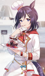 Rule 34 | 1girl, :p, absurdres, akitsuki (oenothera), animal ears, blue eyes, blurry, blurry background, cake, chef, chef hat, chocolate, chocolate cake, clock, eishin flash (collect chocolatier) (umamusume), eishin flash (umamusume), food, hair ornament, hairclip, hat, highres, holding, holding plate, horse ears, horse girl, horse tail, kitchen, long sleeves, looking at viewer, official alternate costume, plate, purple hair, shirt, short hair, skirt, smile, solo, tail, tongue, tongue out, umamusume, white shirt, white skirt, wrist cuffs