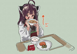 Rule 34 | 1girl, ahoge, arrow (symbol), blush, bowl, brown eyes, brown hair, chopsticks, closed mouth, food, food request, green background, headgear, holding, holding bowl, holding chopsticks, japanese clothes, kimono, lamb (hitsujiniku), long sleeves, looking at viewer, obi, rice, sash, simple background, smile, solo, table, touhoku kiritan, translation request, two side up, voiceroid, white kimono, wide sleeves