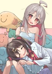 Rule 34 | 2girls, :d, ^ ^, ahoge, bare legs, black hair, blush, bolo tie, brown eyes, c:, closed eyes, colored inner hair, commentary, dot nose, dress, grey hair, hair between eyes, hair ornament, hairclip, hand on another&#039;s head, happy, highres, lab coat, lap pillow, long hair, long sleeves, lying, multicolored hair, multiple girls, nama cream croquette, on side, onii-chan wa oshimai!, open mouth, oyama mahiro, oyama mihari, pink hair, purple hair, red shirt, shirt, siblings, sisters, sitting, sleeveless, sleeveless dress, smile, strap slip, stuffed toy, twintails, two-tone hair, white dress