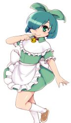 Rule 34 | 1girl, apron, aqua hair, bell, blush, bow, closed mouth, commentary request, dress, flat chest, foot out of frame, green dress, green eyes, hair bow, hair over one eye, highres, kneehighs, leaning back, medium hair, my maid (orizen), neck bell, open hand, original, orizen, outstretched arm, shoes, short hair, short sleeves, simple background, socks, solo, tsurime, waist apron, white background, white socks