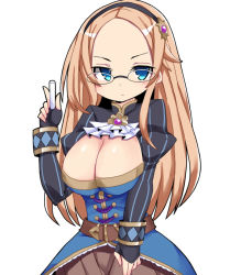 Rule 34 | bad proportions, belt, black gloves, black hairband, blue dress, blue eyes, breasts, brooch, chalk, cleavage, dress, forehead, frills, glasses, gloves, hairband, hand up, jewelry, katie (sennen sensou aigis), large breasts, long hair, long sleeves, looking at viewer, nemui (nemui), sennen sensou aigis, simple background, solo, white background