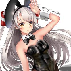 Rule 34 | 1girl, absurdres, alternate costume, amatsukaze (kancolle), bare shoulders, black leotard, black pantyhose, breasts, closed mouth, detached collar, fishnet pantyhose, fishnets, grey hair, hair tubes, highres, himura moritaka, kantai collection, leotard, long hair, looking at viewer, pantyhose, playboy bunny, simple background, small breasts, smile, solo, twitter username, white background, windsock, wrist cuffs, yellow eyes