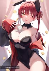 Rule 34 | 1girl, absurdres, animal ears, bare shoulders, between breasts, black leotard, blush, breasts, cameltoe, cleavage, coat, coin, collarbone, covered navel, curtains, detached collar, fake animal ears, frills, highleg, highleg leotard, highres, hololive, houshou marine, kinako (shiratama mochi), leotard, long sleeves, looking at viewer, medium breasts, off shoulder, one eye closed, playboy bunny, rabbit ears, red hair, scan, shiny skin, simple background, smile, solo, strapless, strapless leotard, thighs, tongue, tongue out, virtual youtuber, yellow eyes