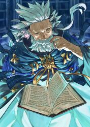 Rule 34 | 1boy, beard, book, cloak, commentary request, facial hair, fate/grand order, fate (series), flower, happy aura, highres, holding, holding book, library, looking up, male focus, mimino mimizu9, no eyebrows, old, old man, one eye closed, open book, ptolemy (fate), shelf, stroking beard, wrinkled skin