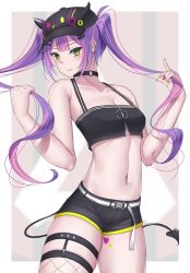 Rule 34 | 1girl, badge, bare arms, baseball cap, belt, black choker, black hat, black shorts, blunt bangs, blush, breasts, button badge, choker, cleavage, collarbone, crop top, demon tail, ear piercing, fishnet thighhighs, fishnets, grabbing, green eyes, hand in own hair, hat, heart, heart tattoo, highres, himeliofon, hololive, long hair, looking at viewer, multicolored hair, nail polish, navel, navel piercing, o-ring, o-ring choker, piercing, shorts, sidelocks, single thighhigh, sleeveless, small breasts, smile, solo, tail, tattoo, thigh strap, thighhighs, tokoyami towa, twintails, two-tone hair, very long hair, virtual youtuber