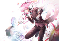 Rule 34 | 1boy, animal ears, ansel (arknights), ansel (nighttime cafe) (arknights), arknights, book, brown suit, commentary, cup, foot out of frame, formal, gears, gloves, highres, holding, holding ribbon, lop rabbit ears, male focus, official alternate costume, pink eyes, pink hair, pink ribbon, rabbit, rabbit ears, ribbon, saucer, simple background, solo, suit, symbol-only commentary, teacup, wed (lim38869577), white background, white gloves
