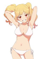 Rule 34 | 1girl, adjusting hair, aikatsu! (series), aikatsu stars!, armpits, arms behind head, arms up, bikini, blonde hair, blush, breasts, cleavage, collarbone, commentary, cowboy shot, gradient hair, grin, groin, halterneck, highres, large breasts, long hair, looking at viewer, midriff, multicolored hair, navel, nijino yume, open mouth, orange eyes, osame, pink hair, sidelocks, simple background, smile, solo, stomach, sweat, swimsuit, symbol-only commentary, teeth, tsurime, twintails, white background, white bikini