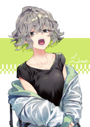 Rule 34 | 1girl, absurdres, black eyes, black shirt, colored inner hair, fangs, green hair, grey hair, grey jacket, hair between eyes, highres, jacket, long sleeves, looking at viewer, multicolored hair, off shoulder, open clothes, open jacket, open mouth, original, reiga (act000), shirt, short hair, sleeves past wrists, solo