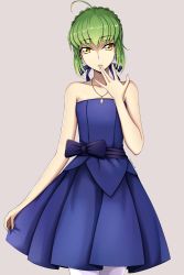 Rule 34 | 1girl, ahoge, alternate costume, artoria pendragon (all), artoria pendragon (fate), blue bow, blue ribbon, blue skirt, bow, c.c., code geass, collarbone, cosplay, cowboy shot, fate (series), green hair, grey background, hair between eyes, hair ribbon, highres, holding, holding clothes, holding skirt, jewelry, looking at viewer, lucky keai, necklace, pantyhose, pleated skirt, ribbon, saber (fate), saber (fate) (cosplay), short hair, sidelocks, simple background, skirt, sleeveless, solo, standing, strapless, white pantyhose, yellow eyes