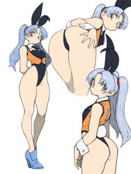 Rule 34 | 1girl, absurdres, adapted costume, animal ears, arms behind back, ass, bare legs, blue footwear, fake animal ears, fake tail, high heels, highres, hoshino ruri, kidou senkan nadesico, leotard, long hair, orange vest, rabbit ears, rabbit tail, shoes, silver hair, solo, standing, tail, thong, thong leotard, toshinoshin, twintails, vest, white background, wrist cuffs, yellow eyes