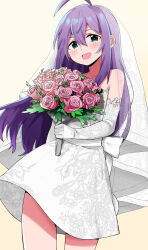 Rule 34 | 1girl, ahoge, bare shoulders, billbung, blush, bouquet, bow, bridal veil, collarbone, dress, elbow gloves, floral print, flower, gloves, highres, holding, holding bouquet, idolmaster, idolmaster million live!, idolmaster million live! theater days, long hair, looking at viewer, mochizuki anna, open mouth, purple hair, rose, simple background, smile, solo, standing, veil, waist bow, wedding dress, yellow background