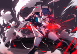Rule 34 | 1girl, absurdres, arknights, black shorts, blue hair, breasts, ch&#039;en (arknights), commentary, dragon girl, dragon horns, fingerless gloves, gloves, hair between eyes, highres, holding, holding sword, holding weapon, horns, jacket, long hair, looking at viewer, medium breasts, necktie, red eyes, shirt, shorts, sidelocks, solo, sword, tail, twintails, weapon, white shirt, yumuto (spring1786)