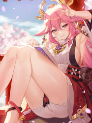 Rule 34 | 1girl, arm up, armpits, ass, blue sky, blush, book, cherry blossoms, cherry tree, commentary request, day, detached sleeves, dress, gem, genshin impact, hair between eyes, hair ornament, highres, japanese clothes, knees up, looking at viewer, outdoors, pink hair, purple eyes, ritsu (re710pngn), sidelocks, sitting, sky, smile, solo, thighs, white dress, yae miko
