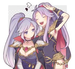 Rule 34 | 2girls, ^ ^, arm up, armpits, border, breasts, cape, choker, cleavage, closed eyes, collarbone, commentary, cross, cross choker, dress, fire emblem, fire emblem: genealogy of the holy war, fire emblem heroes, haconeri, ishtar (fire emblem), jewelry, large breasts, lightning bolt symbol, long hair, looking at another, medium breasts, multiple girls, nintendo, official alternate costume, ponytail, purple dress, purple eyes, purple hair, shoulder pads, side slit, silver hair, sleeveless, sleeveless dress, smile, tailtiu (fire emblem), white border