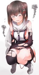 Rule 34 | 10s, 1girl, absurdres, bare shoulders, black gloves, black skirt, boruhis, breasts, brown hair, closed eyes, detached sleeves, elbow gloves, fingerless gloves, gloves, hair ornament, highres, kantai collection, medium breasts, neckerchief, scarf, school uniform, sendai (kancolle), sendai kai ni (kancolle), serafuku, short hair, short twintails, sideboob, single thighhigh, skirt, solo, squatting, thighhighs, thighs, torn clothes, twintails, two side up, white scarf