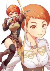 Rule 34 | 1girl, aiming, arrow (projectile), artist name, boots, bow, female focus, fire emblem, fire emblem: three houses, garreg mach monastery uniform, gloves, leather, leather boots, leather gloves, leonie pinelli, matching hair/eyes, multiple girls, multiple views, nintendo, aged up, orange eyes, orange hair, short hair, simple background, sorawoyumemiru