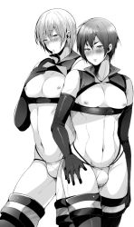 Rule 34 | 10s, 2boys, all out!!, blush, bulge, elbow gloves, funkasiahq, gloves, looking at viewer, male focus, monochrome, multiple boys, muscular, navel, nipples, thighhighs, underwear, undressing
